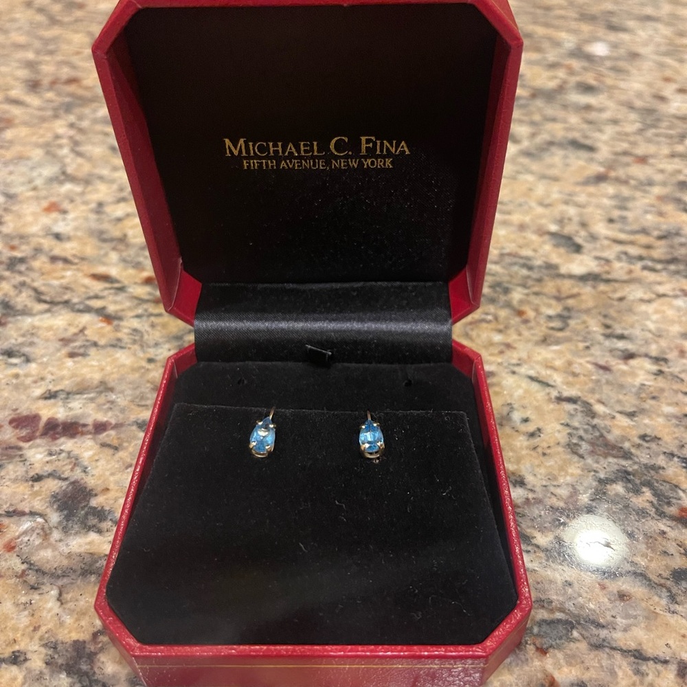 Blue Topaz and gold tear drop earrings.